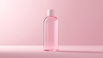Clear bottle with white cap on pink surface against a pink background in a studio setting scene shot