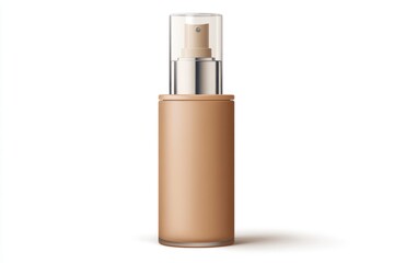 A close up shot of a foundation bottle with a clear cap on a white background in a studio setting
