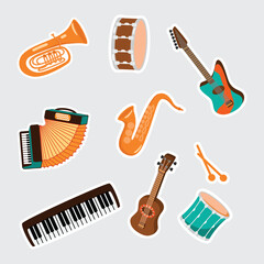 Fototapeta premium Musical instruments stickers set. Accordion, ukulele, guitar, drum, saxophone, keyboard. Cartoon objects isolated on grey background. Vector designs for use in banners, cards, posters. 