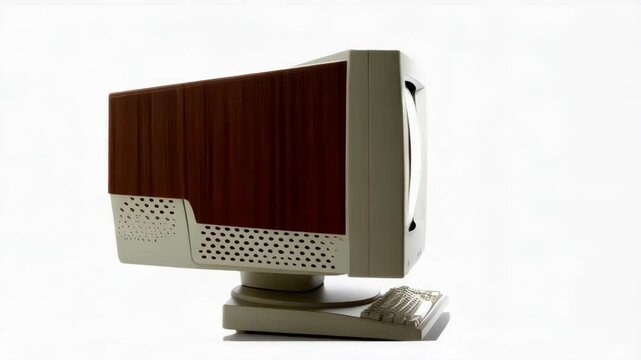 Vintage computer setup featuring a CRT monitor with a screen and a keyboard against a white backdrop, symbolizing retro technology
