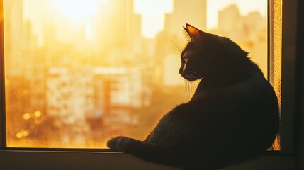 A black cat sits on a windowsill looking out at the city during a bright golden sunset or sunrise