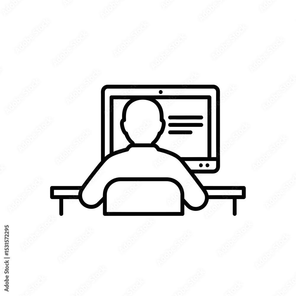 Poster remote worker sitting at desk using computer icon