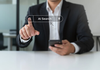 Photo of a businessman in a suit initiates an ai search on a virtual interface while holding a smartphone