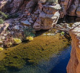 Photo of stream flowing through a rocky canyon in the desert area of the American Southwest