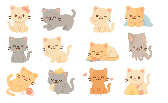 Vector set of adorable kittens in playful and relaxed poses. Ideal for kids’ products, pet-themed designs, stickers, and cute animal illustrations.