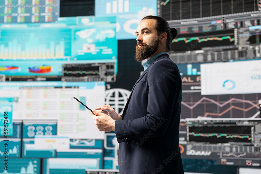 Poster conceptual image showcasing businessman in a digital environment focused on metrics, strategic plann