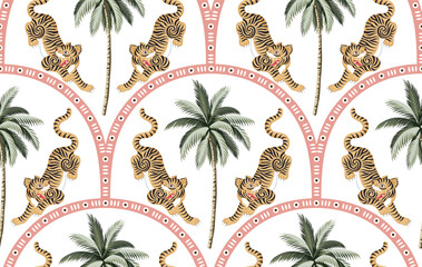 Tiger animal, arch, tropical palm tree seamless pattern. Summer  jungle print.	
