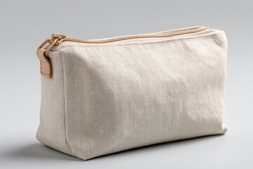 A rectangular canvas bag likely a makeup or toiletry bag features a gold zipper and a small leather loop on one end