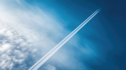 Airplane contrails cutting diagonally across a blue sky with scattered clouds on the left side