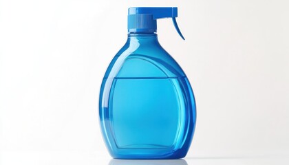 A blue spray bottle filled with clear liquid against a white background in a studio setting view