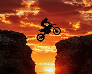 Silhouette of a motocross rider jumping between two rocks at sunset with a fiery sky background