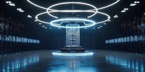 Futuristic server room with glowing circular lights