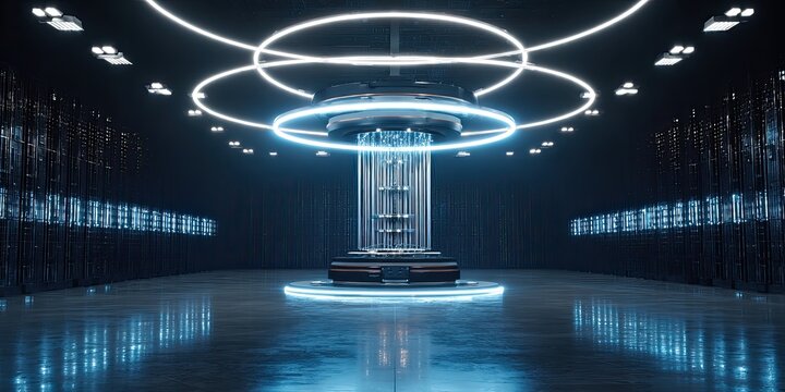 Futuristic server room with glowing circular lights