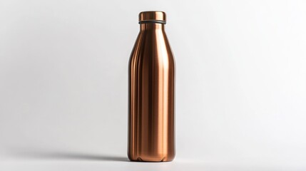 A shiny copper water bottle stands upright against a bright white background with a subtle shadow cast