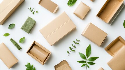 Aerial view of brown cardboard boxes with green leaves scattered on a white surface background layout