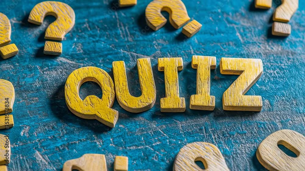 Poster quiz game time: a lively tableau of 'quiz' letters and inquisitive question marks, playfully arrange