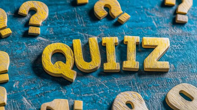 Quiz Game Time: A lively tableau of 'QUIZ' letters and inquisitive question marks, playfully arranged on a textured surface, symbolizing the pursuit of knowledge and mental challenges.