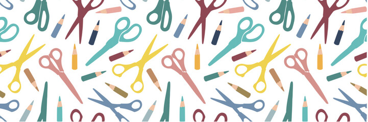 Seamless pattern of colorful paper scissors and colored pencils for drawing. Vector background of school supplies for educational materials and Back to school theme.