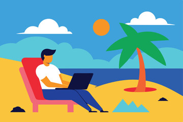 Man working on laptop beach tropical vacation remote work