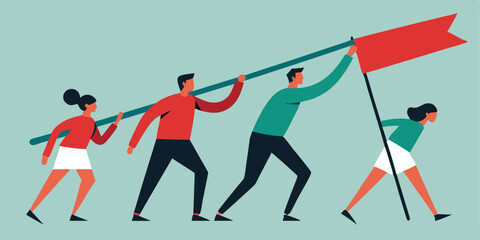 Team collaboration achieving success together raising flag