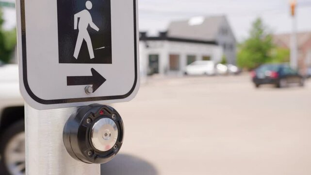 Person pressing cross walk signal button at busy intersection 4k
