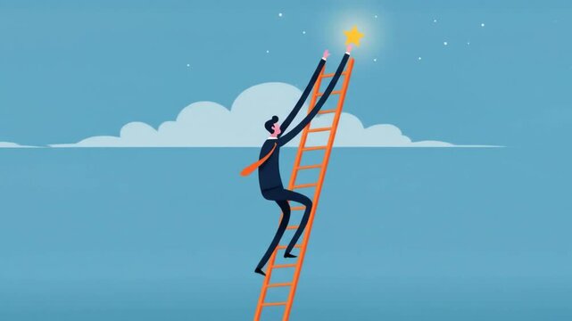 A businessman climbing a ladder to reach for a star in the sky. flat design, 2d