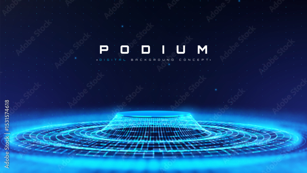 Sticker blue empty podium on dark background with soft neon effect and bokeh decoration. futuristic technolo