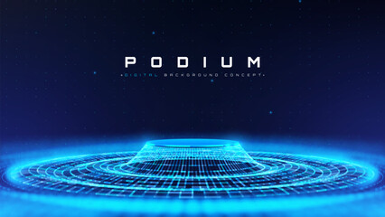 Blue empty podium on dark background with soft neon effect and bokeh decoration. Futuristic technology scene design concept. Data transmission. Vector illustration.