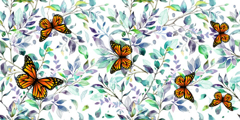 Seamless background watercolor branches green with butterflies. hand drawn. Not AI, Vector illustration