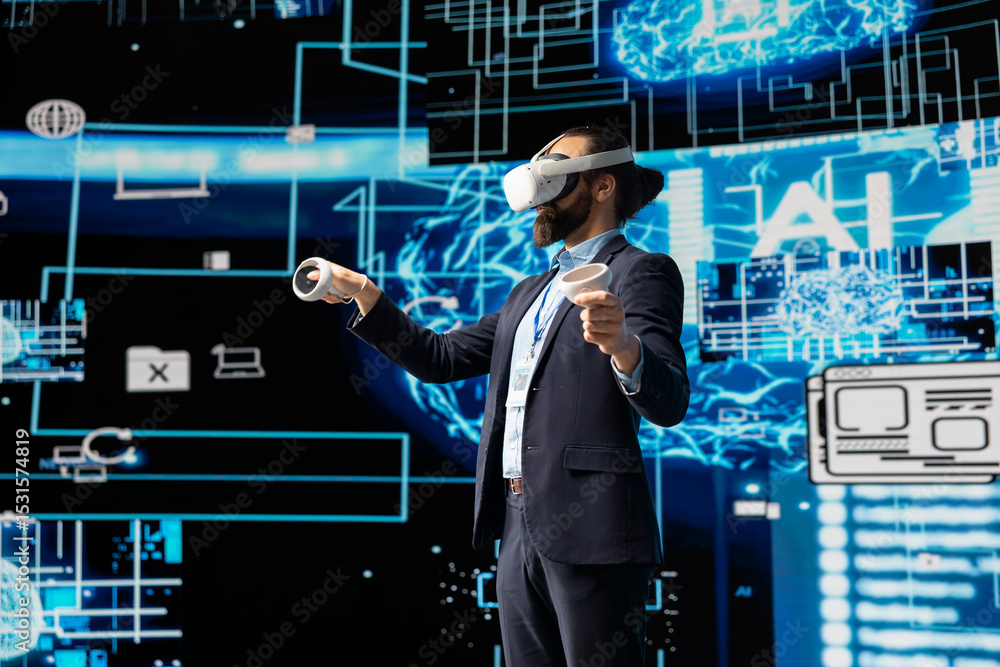 Poster business it expert employs vr glasses and artificial intelligence brain, working on data visualizati