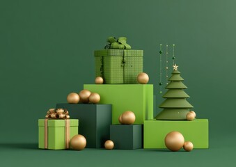Green gift boxes, tree, and balls on tiered display