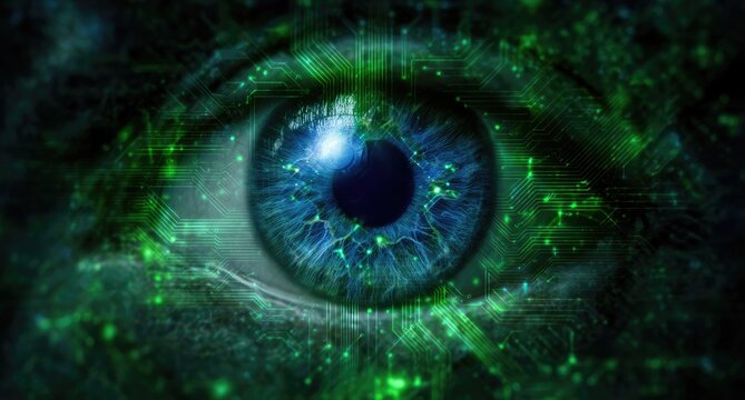 Digital eye, vibrant green and blue, intricate details