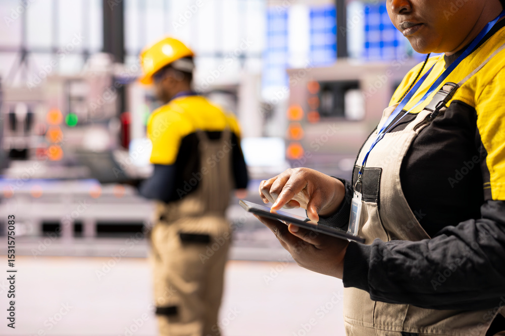 Poster smart manufacturing specialist utilizes digital applications to enhance production efficiency. close