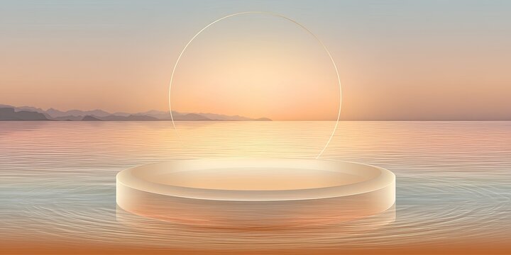 Pastel sunrise, circular podium on water