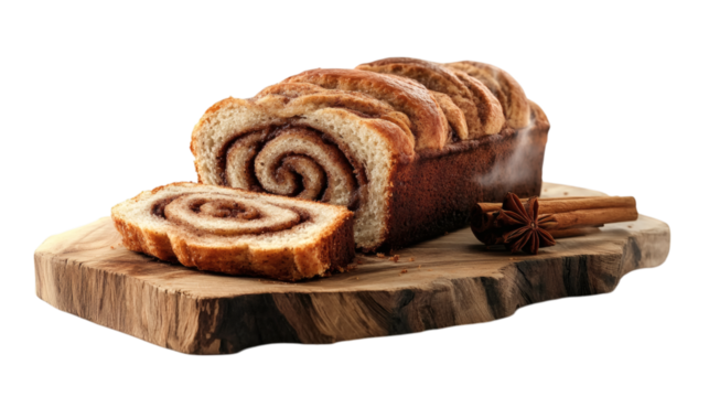 Freshly baked cinnamon swirl loaf partially sliced on rustic wooden board with steam visible isolated on white background 