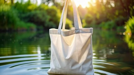 Canvas tote bag floating on a river, surrounded by greenery with sunlit water creating gentle ripples.