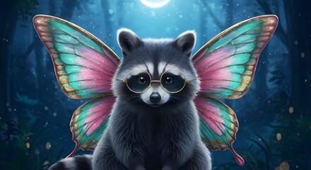 Photorealistic Raccoon with Iridescent Butterfly Wings in Ethereal Moonlit Forest

