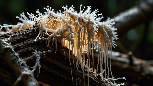 Macro of Fungal Rhizomorphs on Decaying Wood with Glowing White Strands