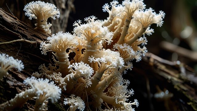 White Mycelium Fungal Growth on Decomposing Wood Macro

