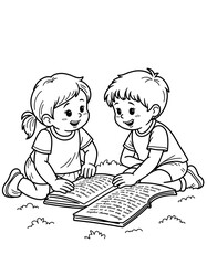 Two kids sitting on grass reading a book in a playful manner - coloring page for kids 5 - 8 years old  