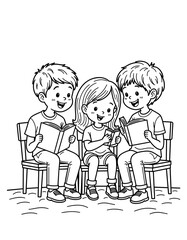 Three children reading books together in classroom setting - Back to School coloring page for kids 5 - 8 years old  