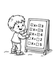 Young boy checking multiplication table on chalkboard outdoors - Concept of Back to School - coloring page for kids 5 - 8 years old  