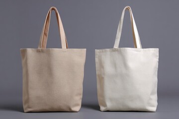 Two plain lightcolored canvas tote bags one beige and one cream stand sidebyside against a neutral gray background