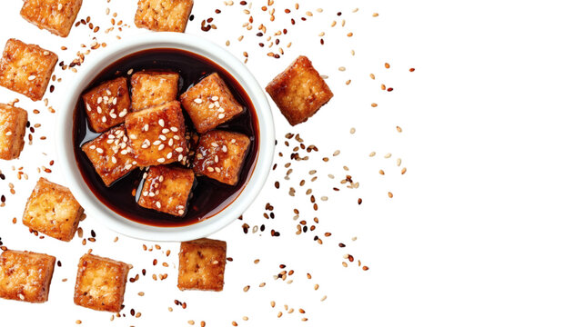 Fried tofu cubes with dipping sauce and sesame seeds floating in composition isolated on white background 