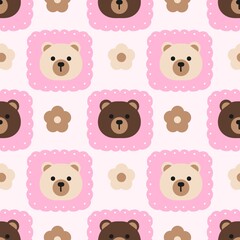 Adorable seamless pattern with cute teddy bear faces in pink frames and small flowers on a light pink background. Perfect for baby and kids' designs.