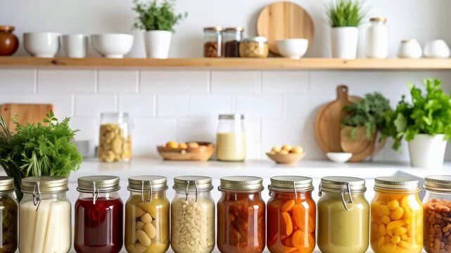 Assorted preserved foods in glass jars, arranged on a kitchen counter with plants and dishes, a home canning collection displayed