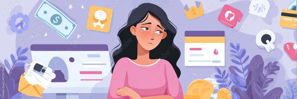 Poster user experiences anxiety under phishing threat surrounded by various scam symbols and alerts in a di