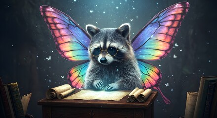 Highly Detailed Raccoon with Iridescent Butterfly Wings at Floating Ancient Desk with Glowing Scrolls

