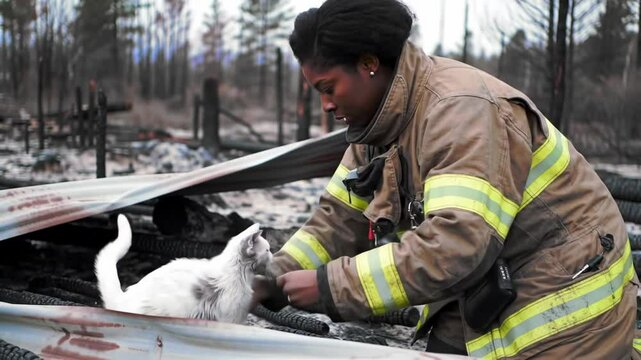 A female firefighter gently comforts a cat that survived a fire.