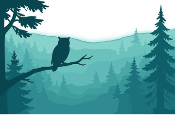 The illustration of a forest with tree silhouettes and an owl on a branch, shrouded in a mystical fog, is depicted in blue and green hues on a horizontal banner that functions as a bookmark